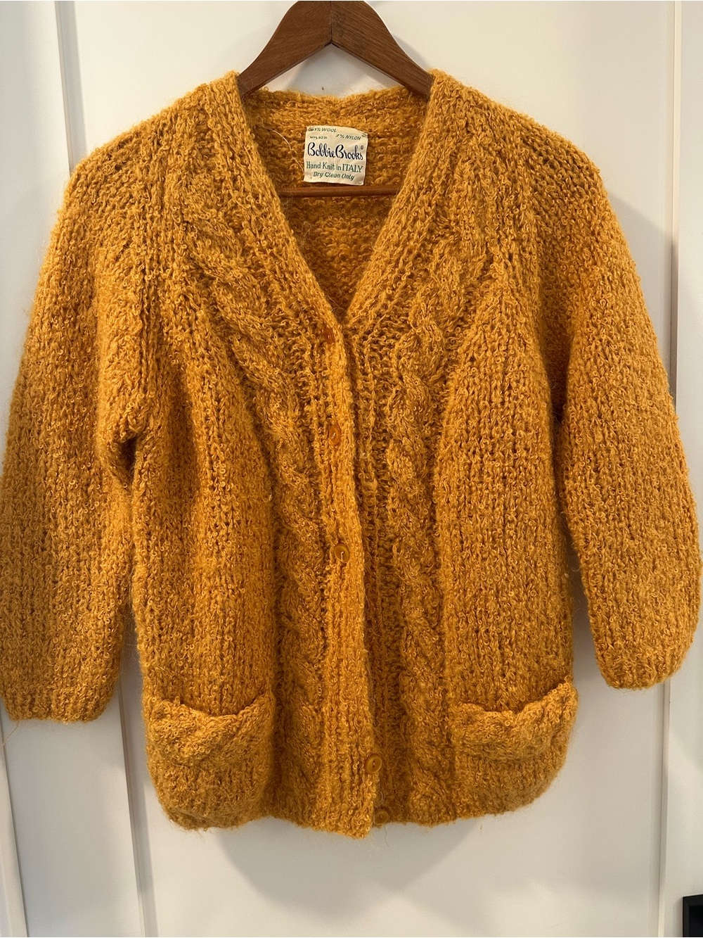 Vtg Bobbie Brooks Mustard Yellow Cable Knit V-Neck Cardigan Sweater-unsized